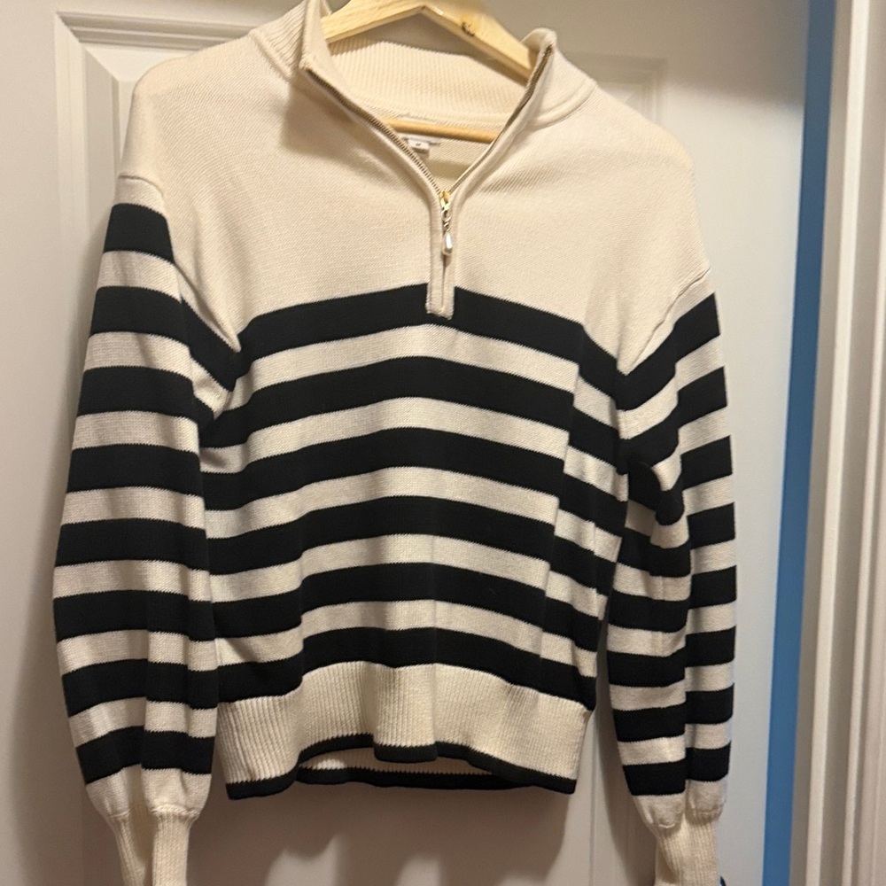 J. Crew Men's Zip-Up Sweater in Black and Cream Stripes
